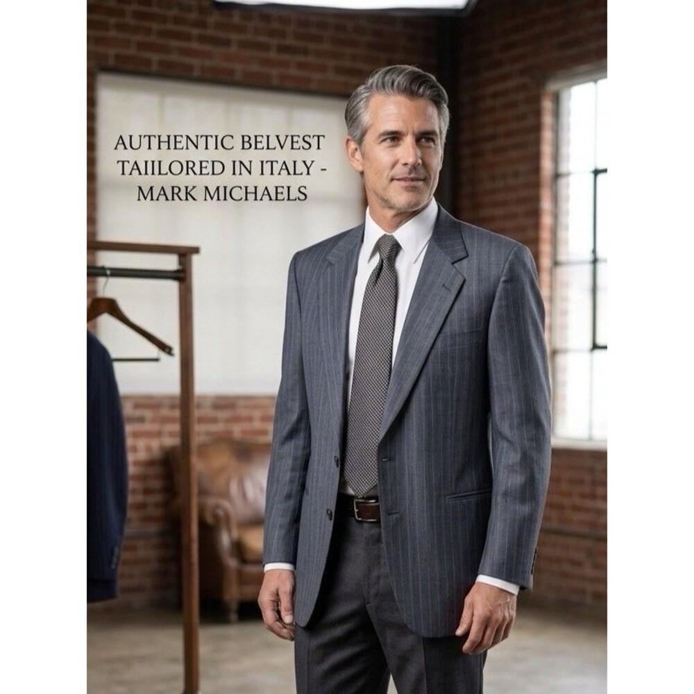 Vintage Belvest for Mark Michaels Grey Pinstripe Silk-Wool Blend Suit Jacket 42L